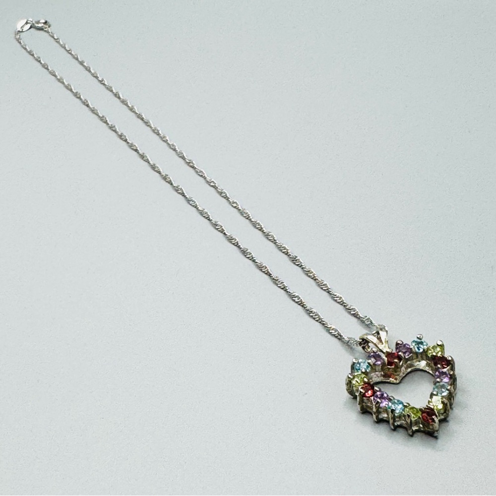 925 Sterling Silver Singapore Chain Multi-stone Heart Pendant Necklace - Picture 5 of 15